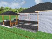 3D rendering of new deck and pavilion. This is the design that the project was based on, the only major differences between this drawing and the completed project are the radius corners on the patios and the decking color.